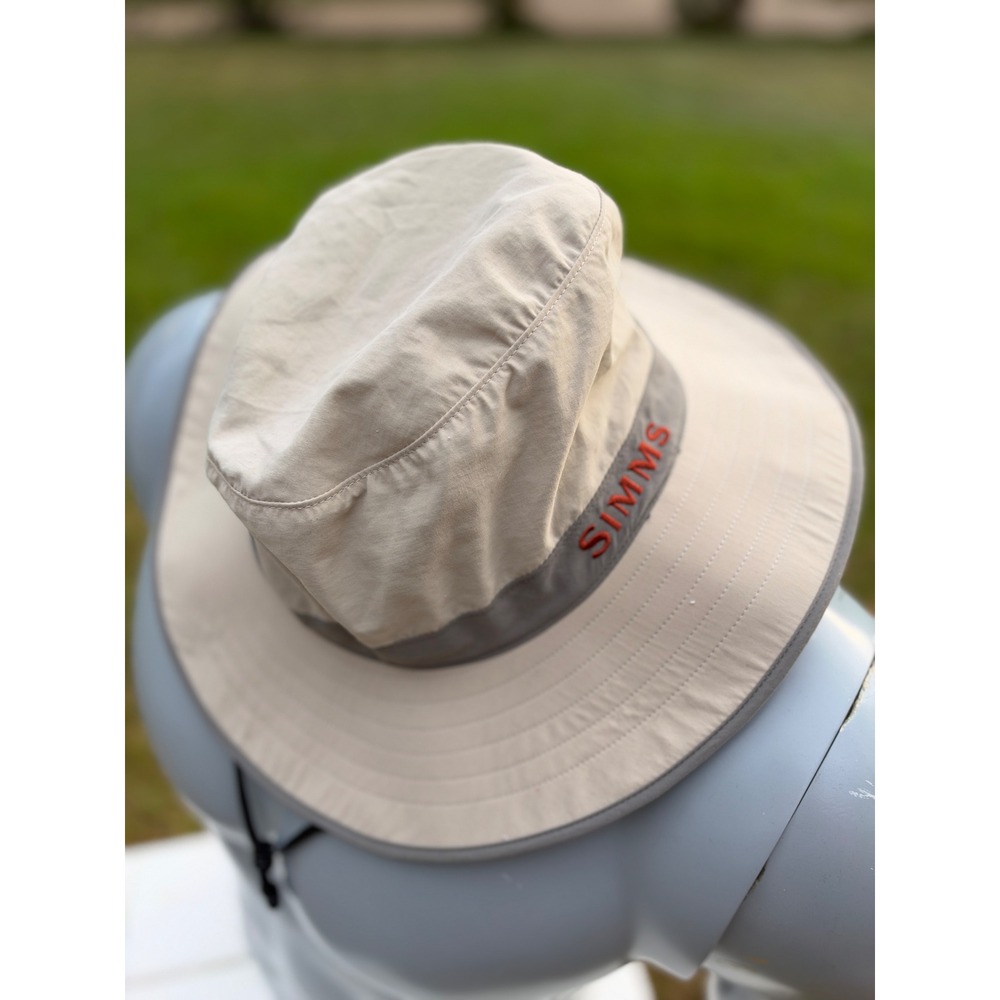 Simms Fishing Products Tan Grey Wide Brim Sun Hat Adjustable Nylon OSFA OS  Mens